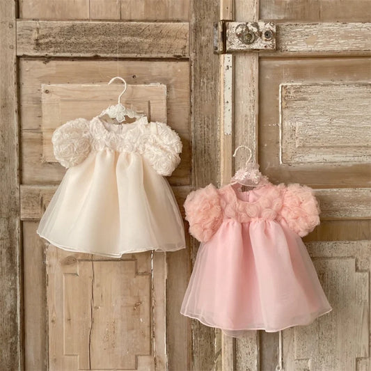 BlossomBelle Dress – 1st Birthday Princess Puff Sleeve Outfit