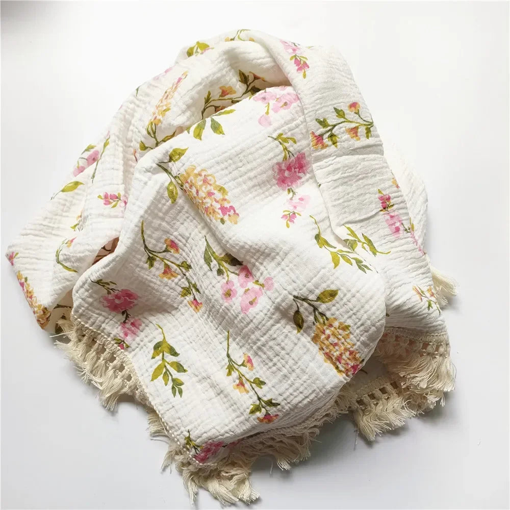 Baby Blankets Newborn Tassel Cotton Muslin Swaddle Wrap Blanket Print Gauze Infant Bedding Quilt Blanket Diaper
