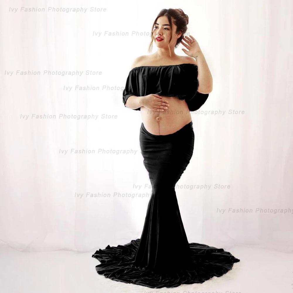 Maternity Photography Props Stretch Cotton Two Piece Floor Long Skirt