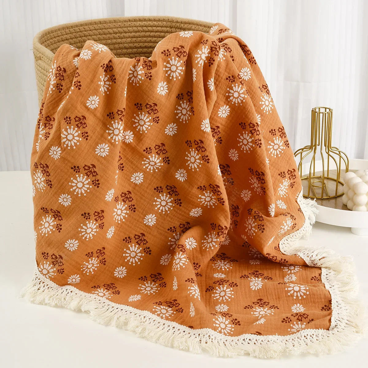 Baby Blankets Newborn Tassel Cotton Muslin Swaddle Wrap Blanket Print Gauze Infant Bedding Quilt Blanket Diaper