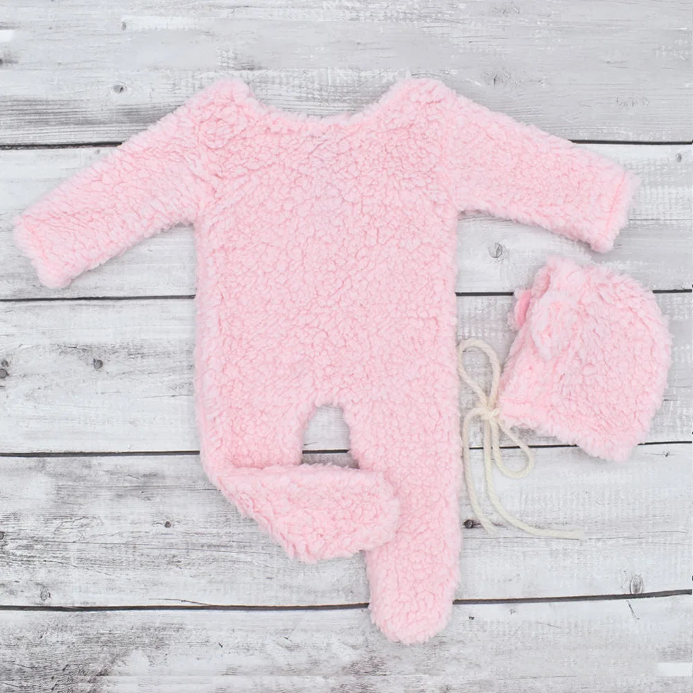 Newborn Bear Bonnet and Pajama Set Infant Photo Prop Brown Plush Bear Ear Hat and Footie Romper