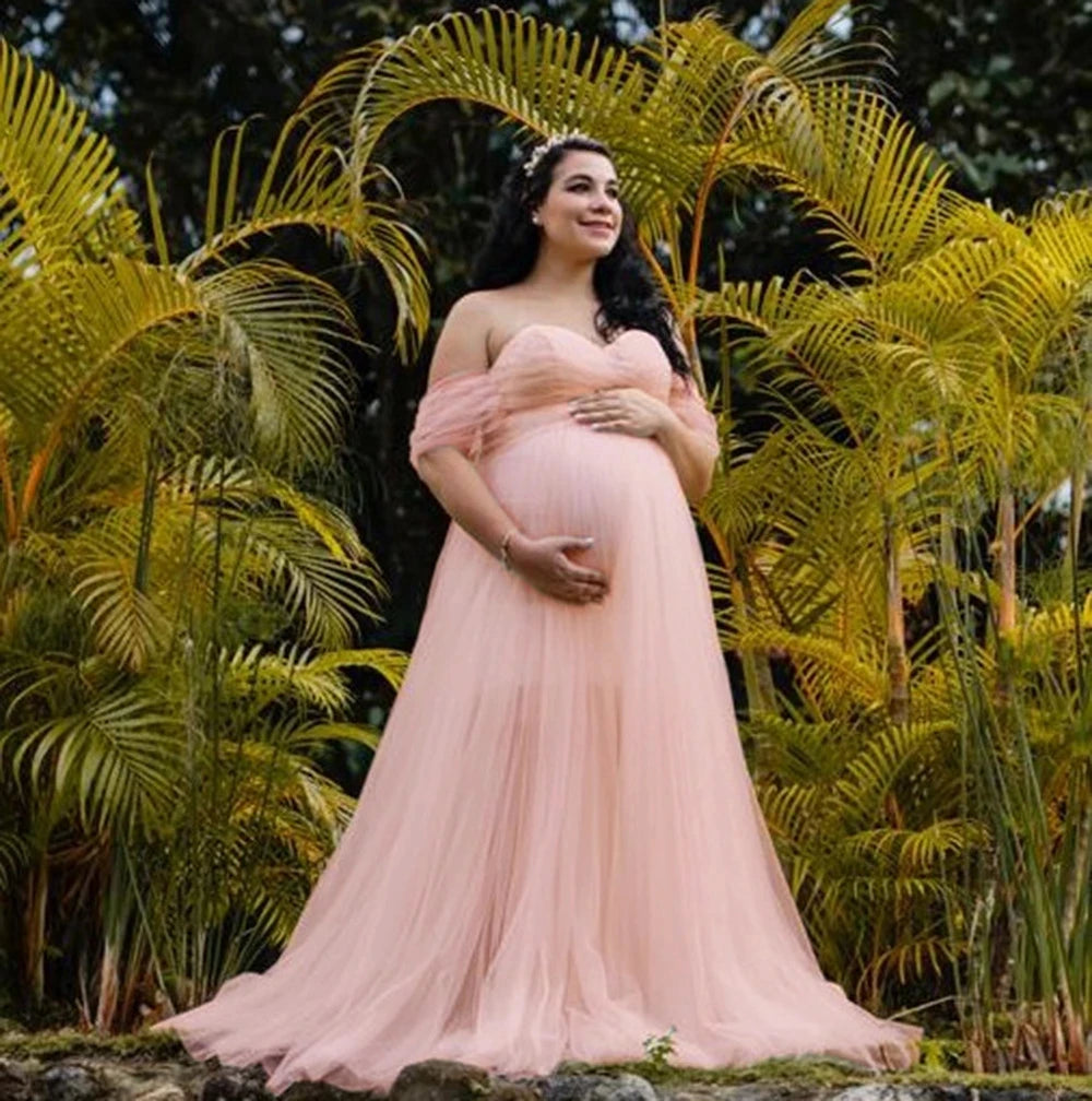 LumiLace – Off-Shoulder Maternity Maxi Gown for Elegant Photoshoots