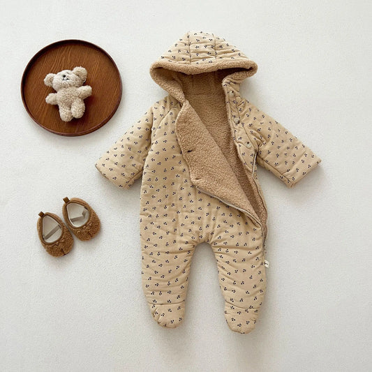 SnugglePetal Romper – Fleece Hooded Floral Jumpsuit for Babies