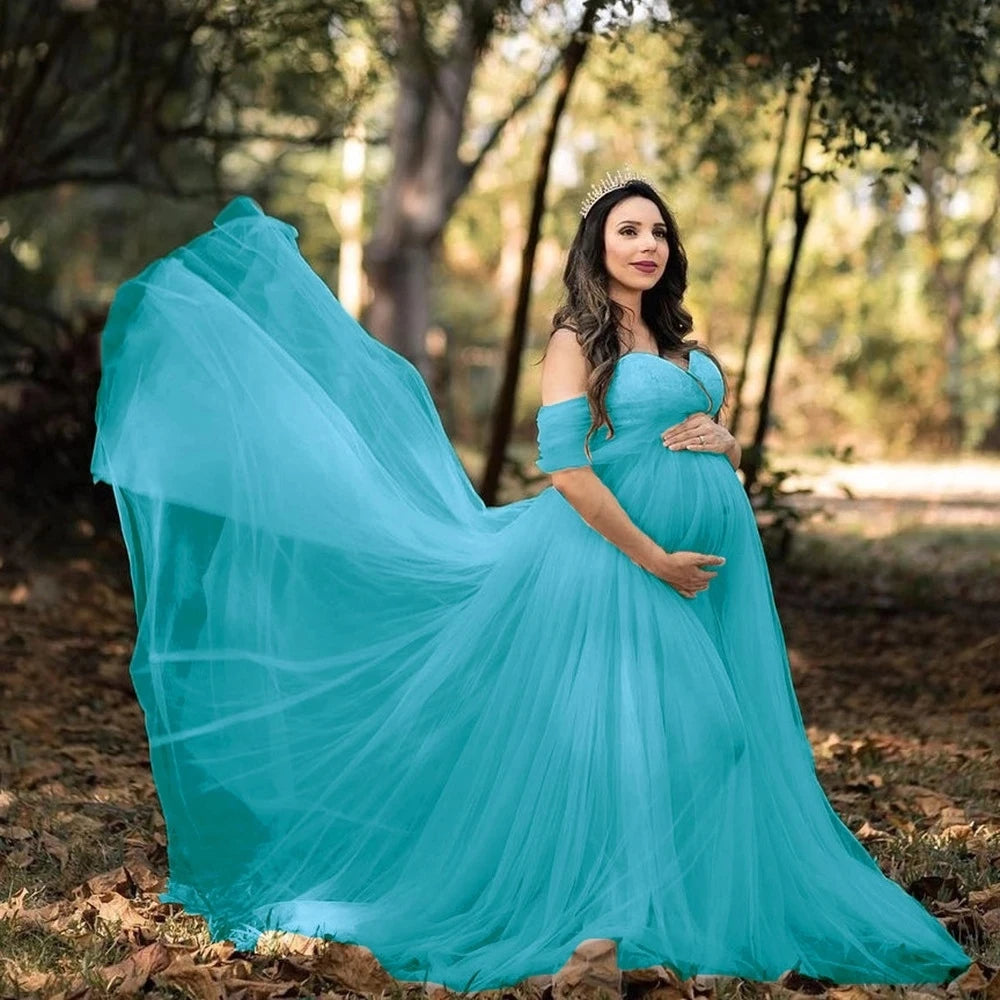 LumiLace – Off-Shoulder Maternity Maxi Gown for Elegant Photoshoots
