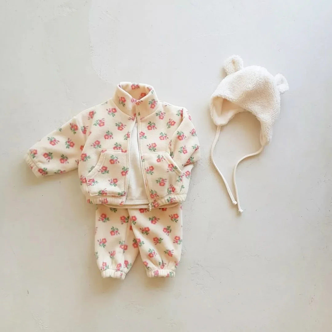CozyBloom Turtleneck Floral Fleece Set – Warm Cotton Kids