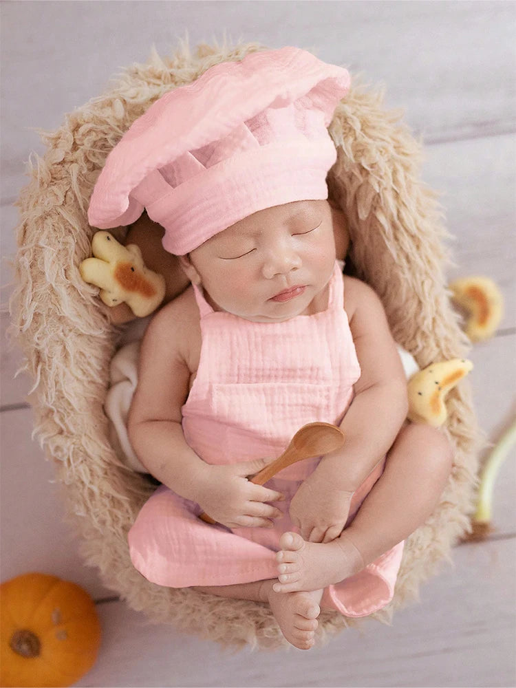 Newborn Chef Hat Set with Wooden Spoon Infant Photography Outfit Photoshoot Props