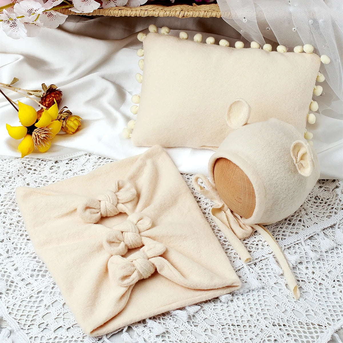 SnuggleTale Set – Newborn Wrap, Ears Hat & Pillow Props
