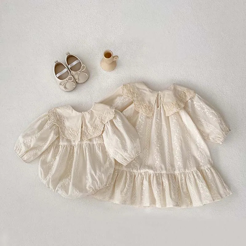 Baby Bodysuit Sisters Dresses Sweet Big Lapel Girl Embroidered Flower Dress