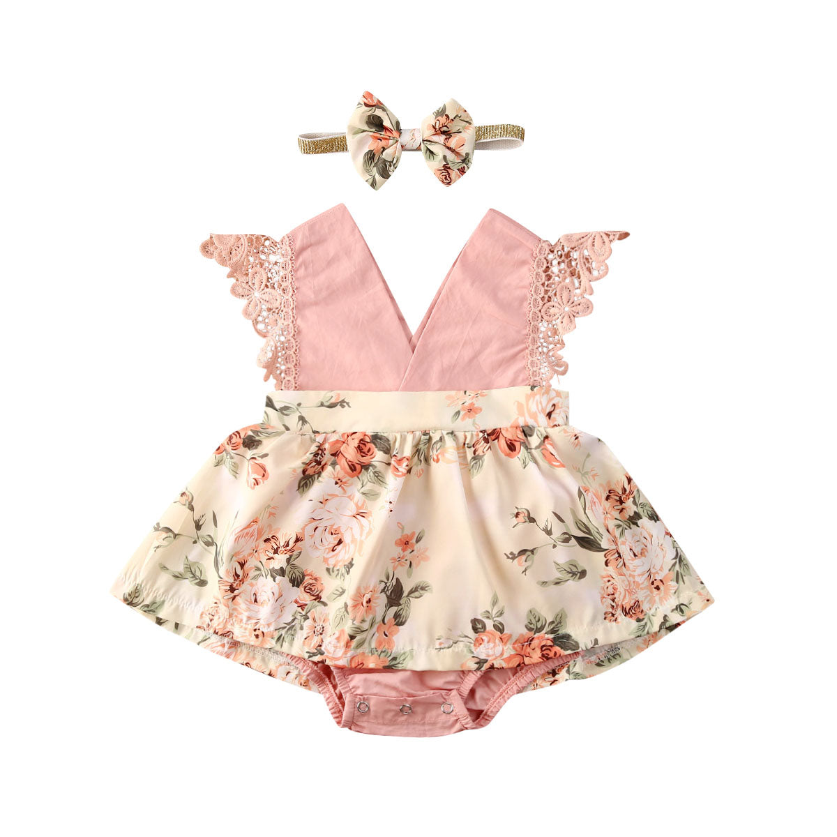 Girl Princess Clothes Baby Romper Girls Floral Lace V Neck Sleeveless Jumpsuit Newborn Headband Kid Outfits Summer Clothing
