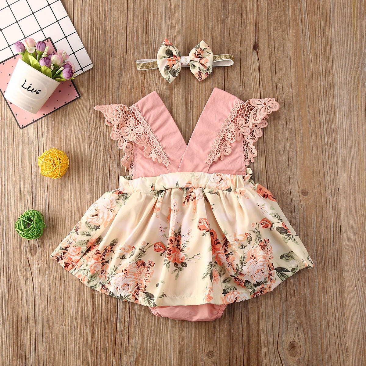 Girl Princess Clothes Baby Romper Girls Floral Lace V Neck Sleeveless Jumpsuit Newborn Headband Kid Outfits Summer Clothing