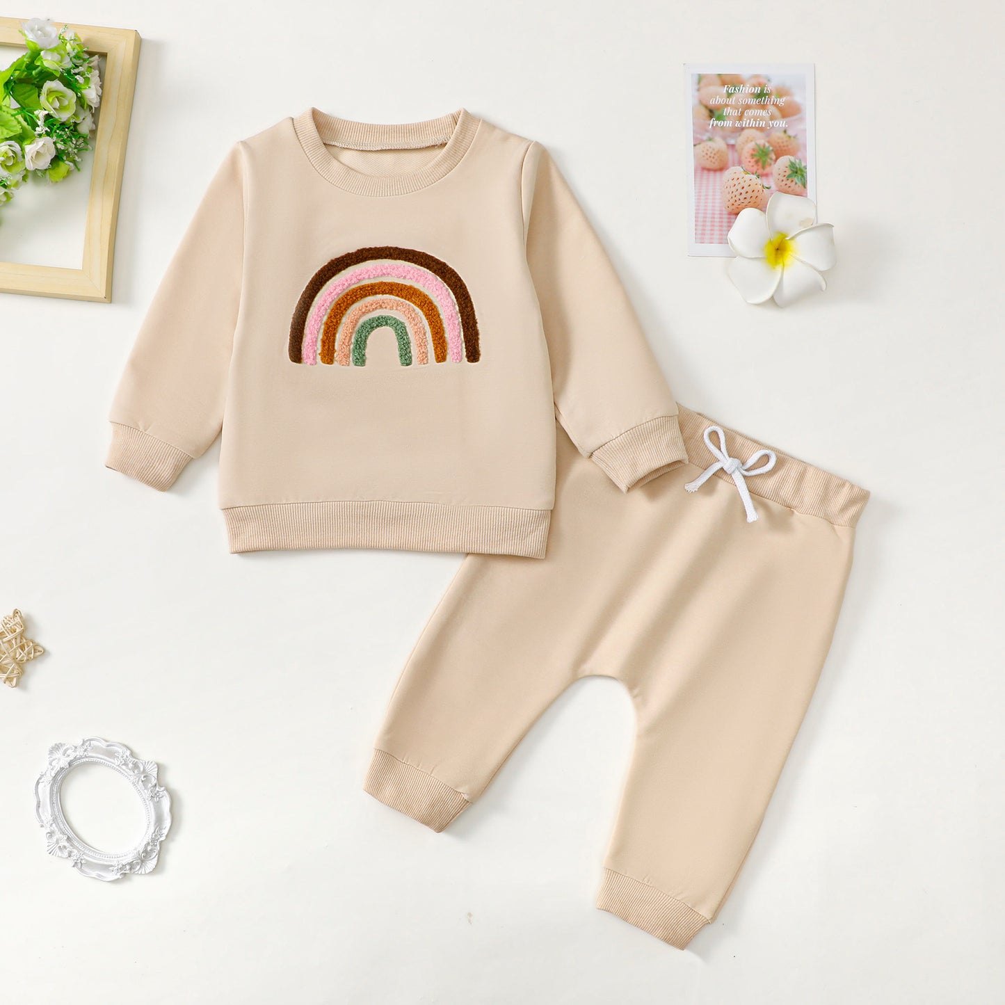 Children's Four-color Towel Embroidery Rainbow Long-sleeved Shirt Fake Drawstring Trousers Two-piece Set