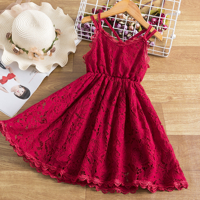 Children's Embroidered Skirt Lace Dress With Suspenders And Beautiful Back