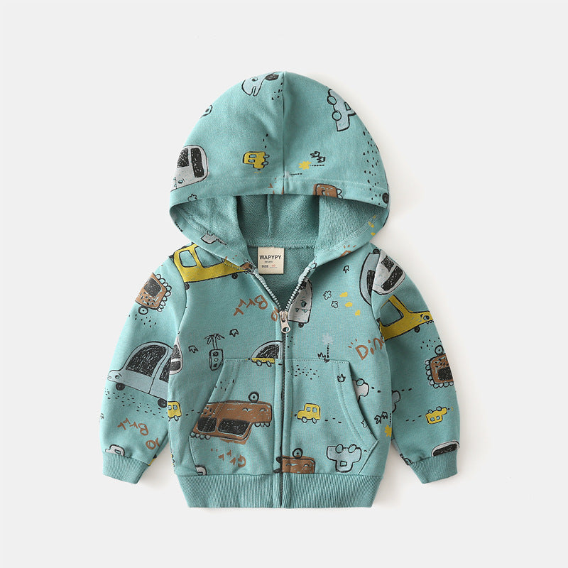 Boys Cartoon Full Print Hooded Zipper Shirt