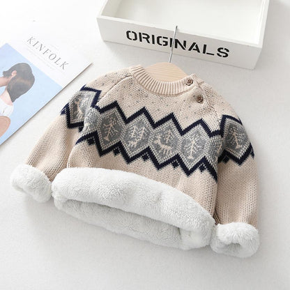 Boys and girls plus velvet thick retro knitted sweater