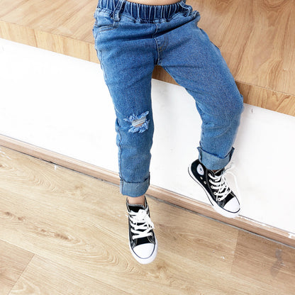 Boys Ripped Jeans Raw Edge Stretch Denim Trousers