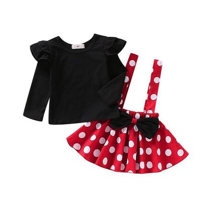 Girls' Summer Solid Color Fly Sleeve Top  Dot Suspender Skirt