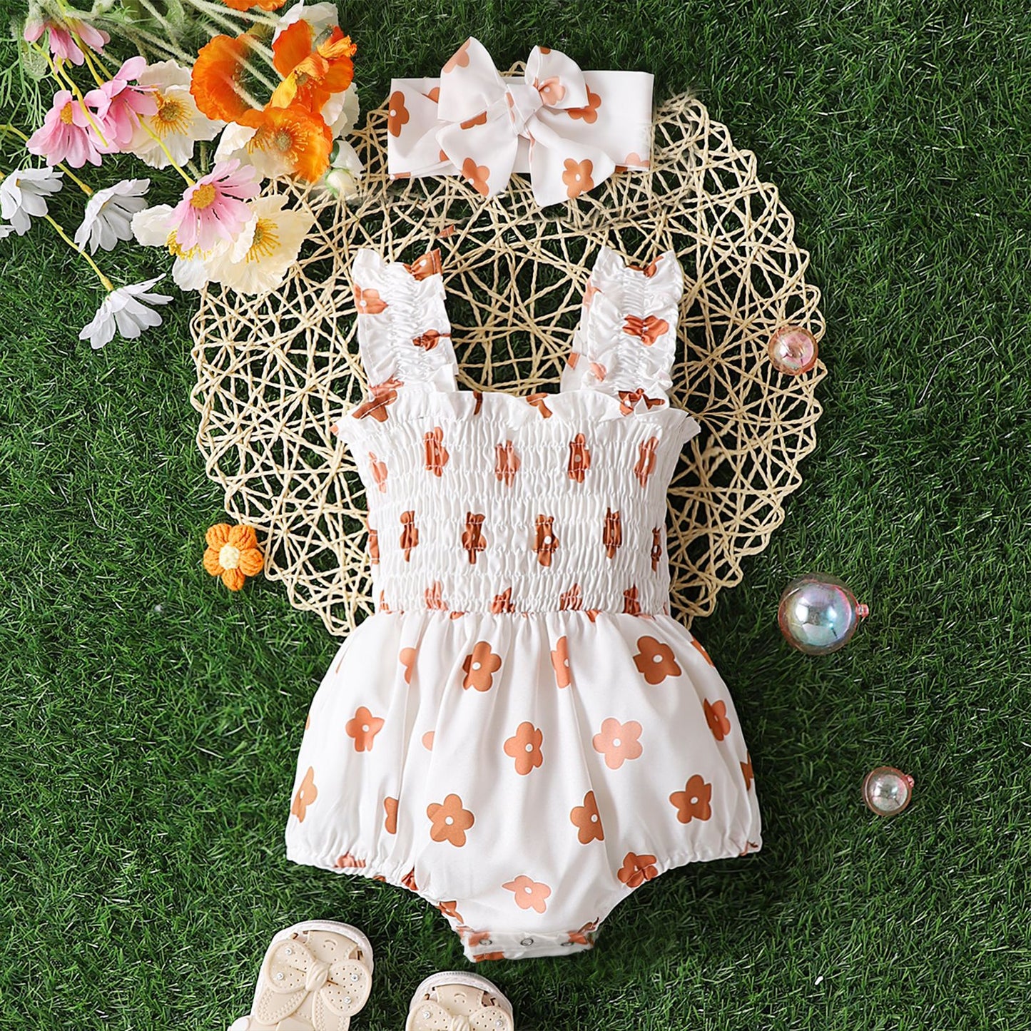 Infant Spaghetti Straps Sleeveless Little Cuihua Full Printed Triangle Rompers Headband Baby Girl