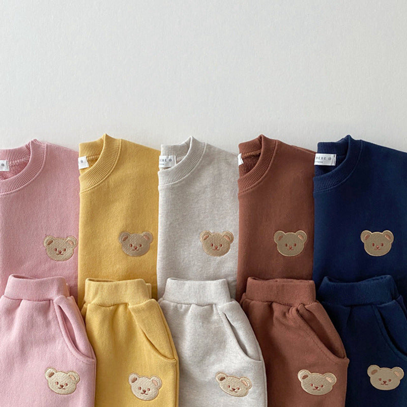 Korean Style Ins Newborn Infant Children's Cotton Bear Round Neck Sweater Sports Suit Baby Leisure Cartoon Two Piece Set