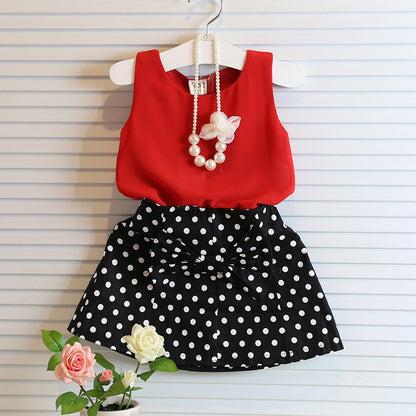 new summer girls temperament dot chiffon suit chiffon vest top + polka dot skirt without necklace