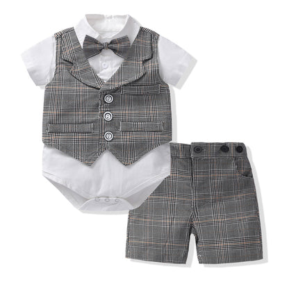 Baby Boy Gentleman Suit Romper Vest Shorts Bow Tie