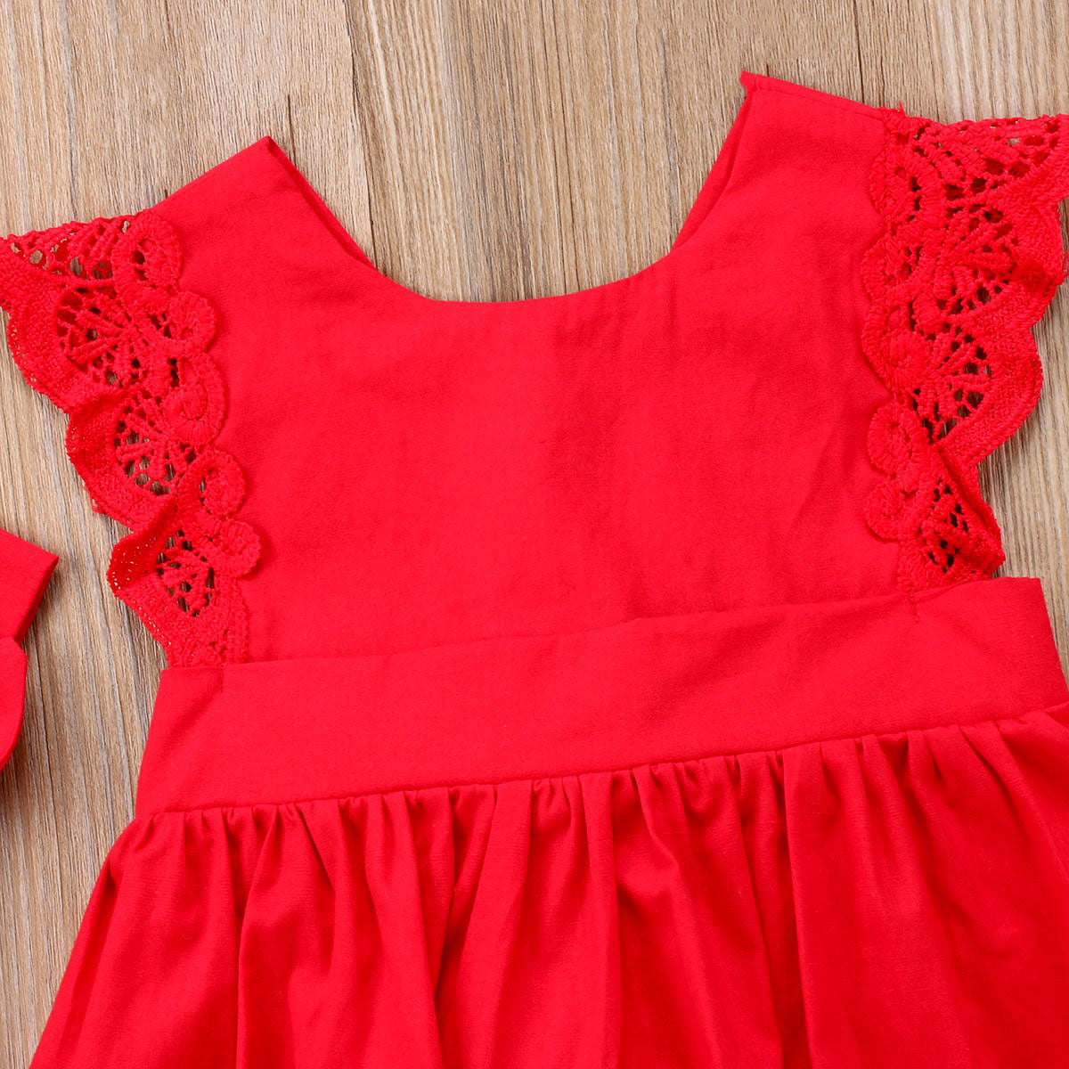 Frilled Red Lace One-Piece Dress For Girls