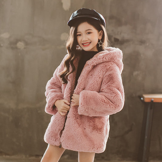 Girls' Faux Fur Coat Medium And Large Children Thickened Thermal Furry Clothes Children's Winter Clothing New Artificial Wool Coat