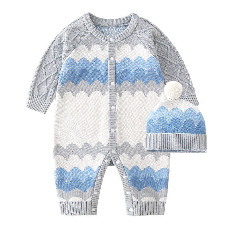 Baby Hooded Long-sleeved Knitted Cotton Jumpsuit Hat Suit