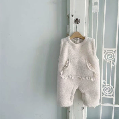 Winter Fleece-lined Infant Western Style Soft Thick Lambswool Lace Large Pockets Sleeveless Romper Jumpsuit