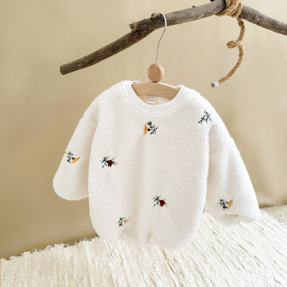 Popular Baby Girl Lamb Wool Flower Embroidered Long Sleeve