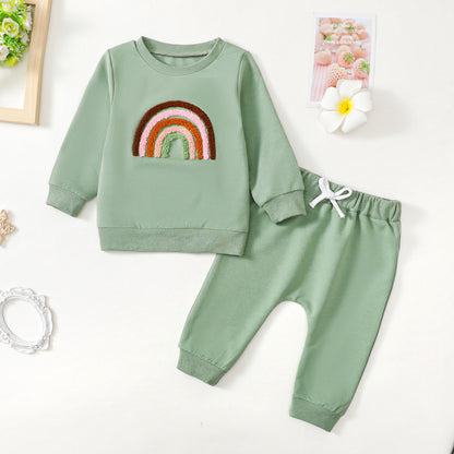 Children's Four-color Towel Embroidery Rainbow Long-sleeved Shirt Fake Drawstring Trousers Two-piece Set