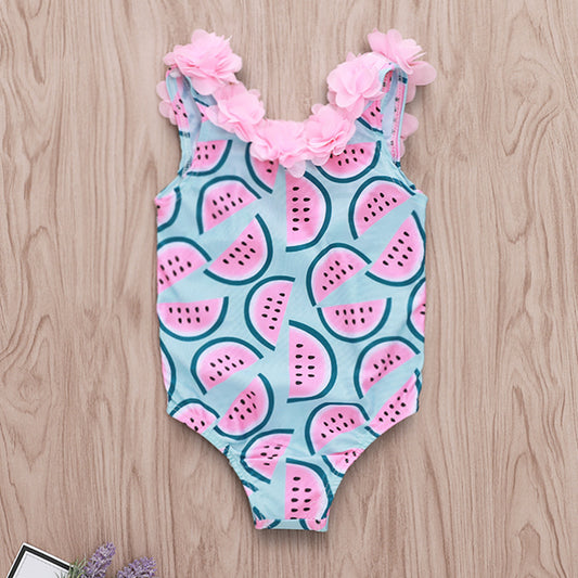 Watermelon Print Petal Lace Girl Swimsuit