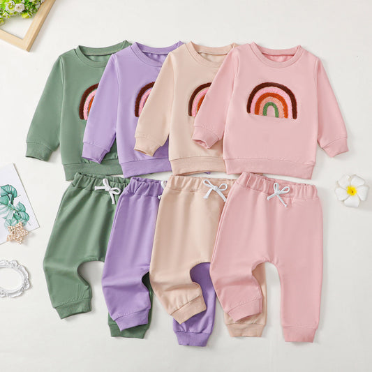 Children's Four-color Towel Embroidery Rainbow Long-sleeved Shirt Fake Drawstring Trousers Two-piece Set