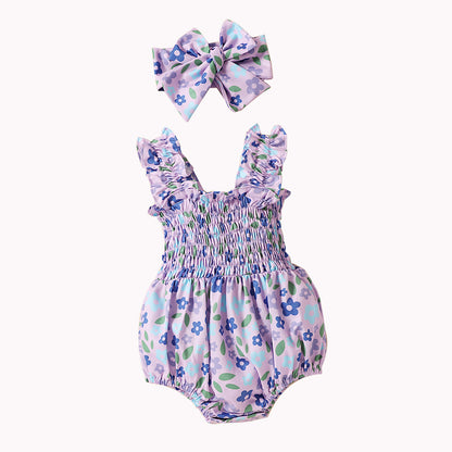 Infant Spaghetti Straps Sleeveless Little Cuihua Full Printed Triangle Rompers Headband Baby Girl