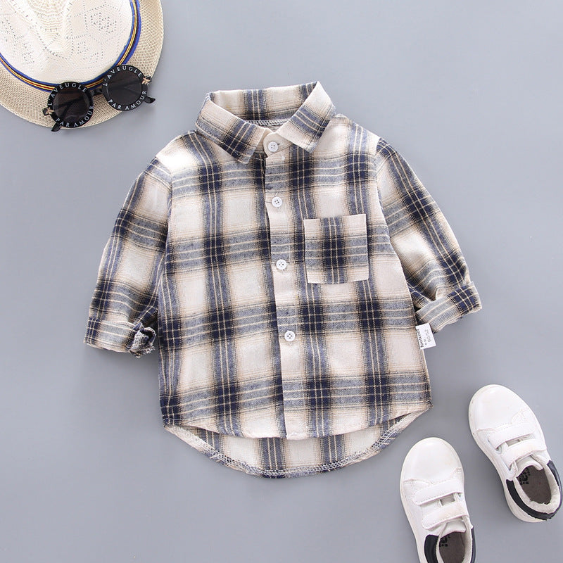 Boys And Girls Plaid Shirts Korean Style Loose Lapel Long Sleeves