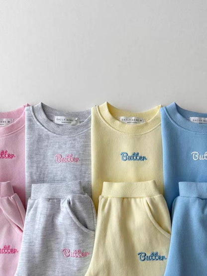 Color Sweater Suit Sweater Sweatpants Solid Color English Letters Unisex Baby Suit