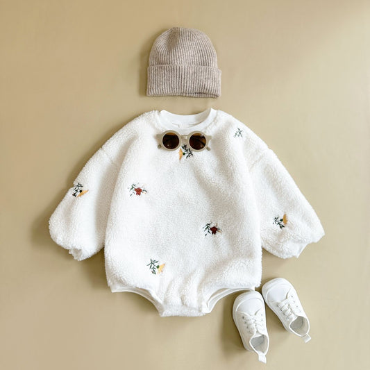 Popular Baby Girl Lamb Wool Flower Embroidered Long Sleeve