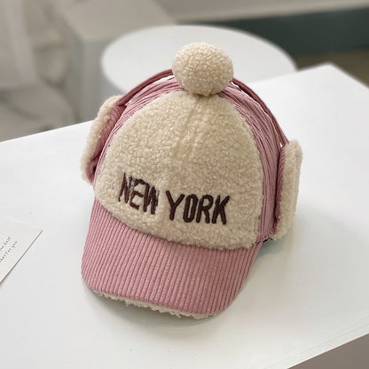 Corduroy color matching children's embroidered warm cap