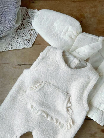 Winter Fleece-lined Infant Western Style Soft Thick Lambswool Lace Large Pockets Sleeveless Romper Jumpsuit