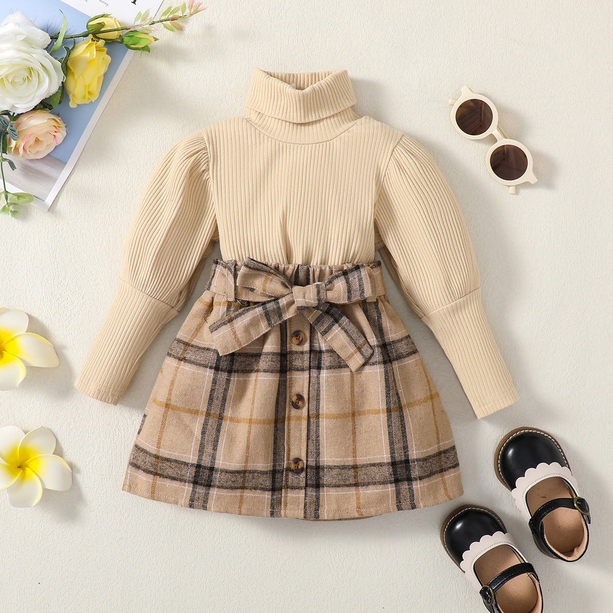 Girls' Autumn And Winter Solid Color Long-sleeved Top Plaid Skirt Two-piece Suit