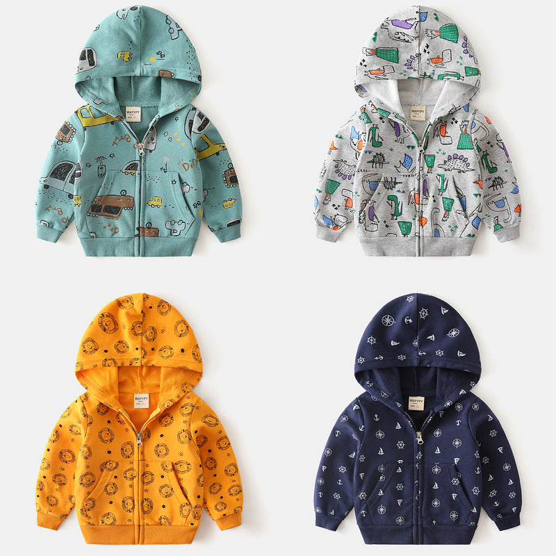 Boys Cartoon Full Print Hooded Zipper Shirt