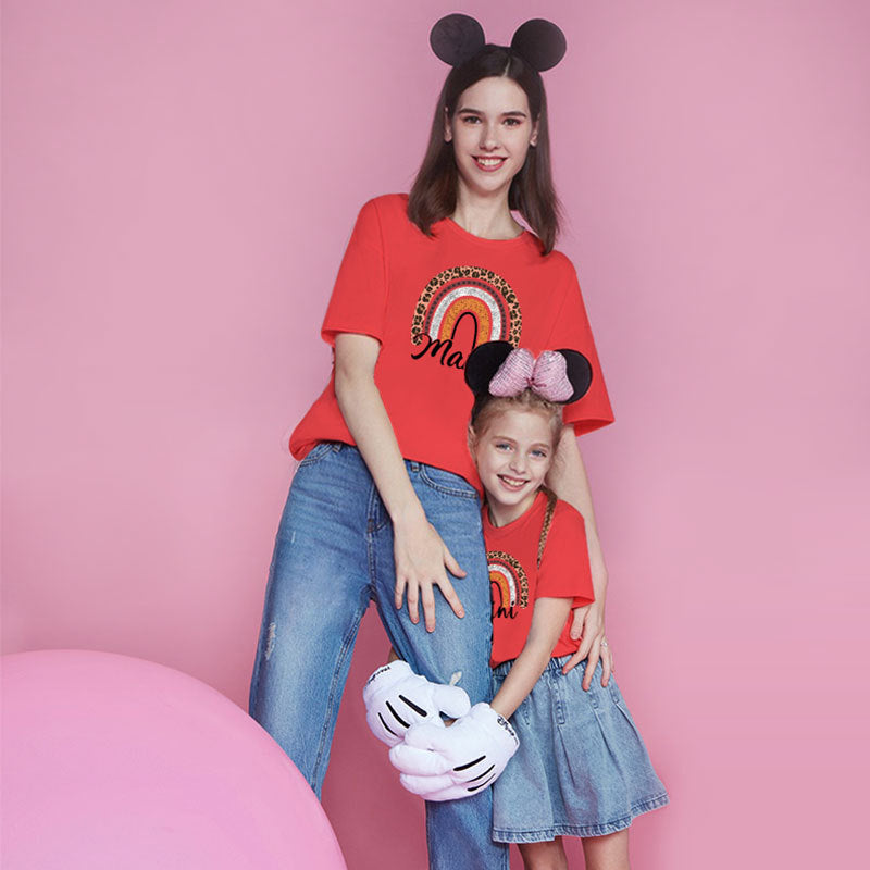 Valentine's Day Mother-daughter Matching Outfit Mom And Daughter European And American Summer Casual Trend New Rainbow Letter Print Short-sleeve