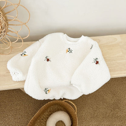 Popular Baby Girl Lamb Wool Flower Embroidered Long Sleeve