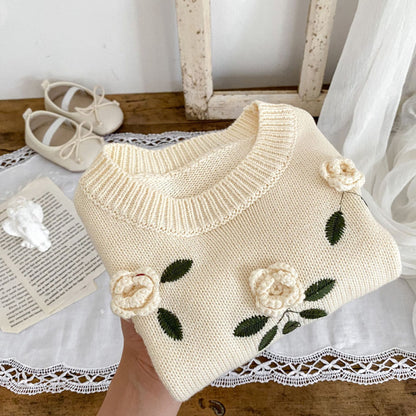 Baby Handmade Flower Embroidery Pullover Sweater Top