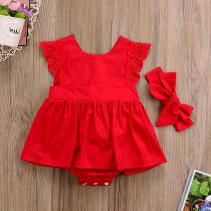 Frilled Red Lace One-Piece Dress For Girls