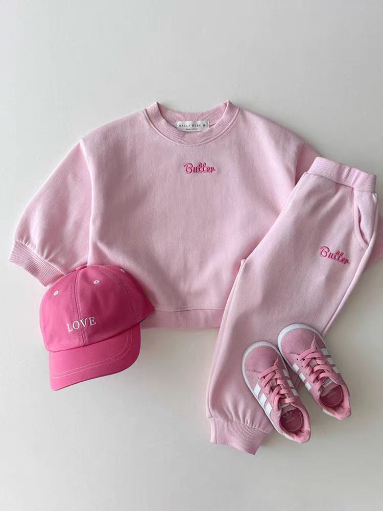 Color Sweater Suit Sweater Sweatpants Solid Color English Letters Unisex Baby Suit