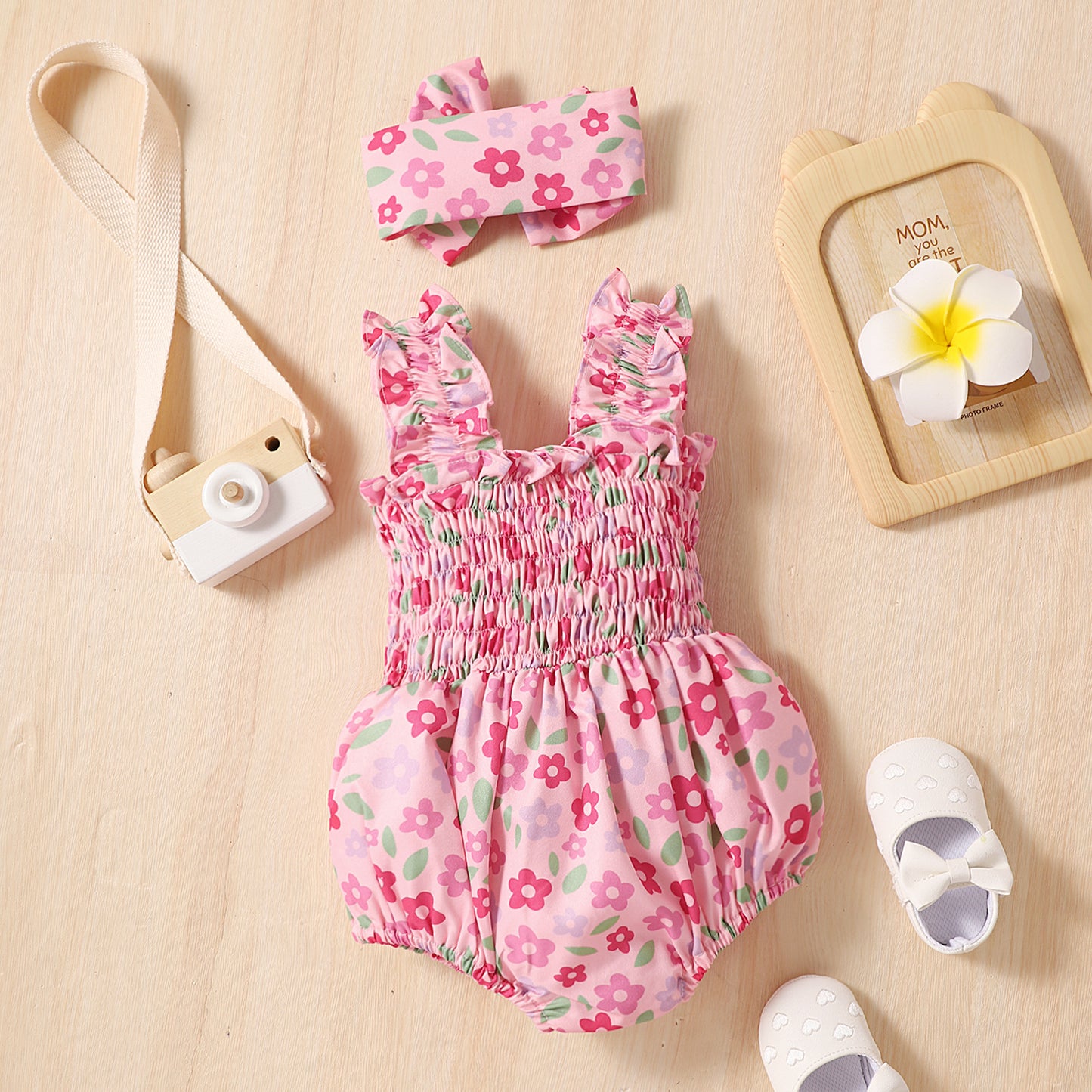 Infant Spaghetti Straps Sleeveless Little Cuihua Full Printed Triangle Rompers Headband Baby Girl