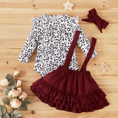 Leopard Print Full Burgundy Strap Skirt Belt Hair Accessory