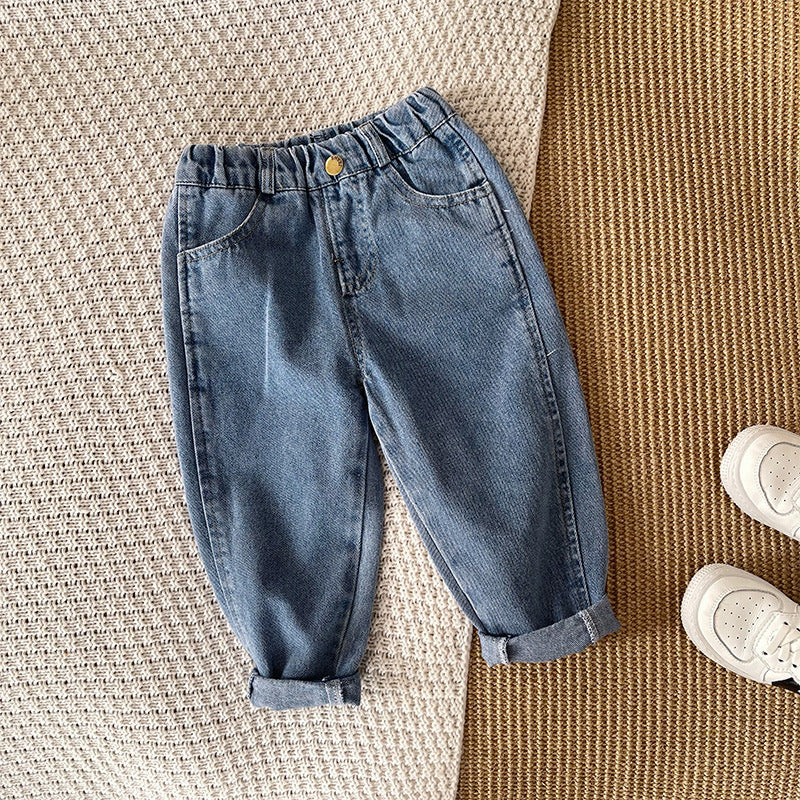 Boys' Blue Solid Color Crimped Trousers