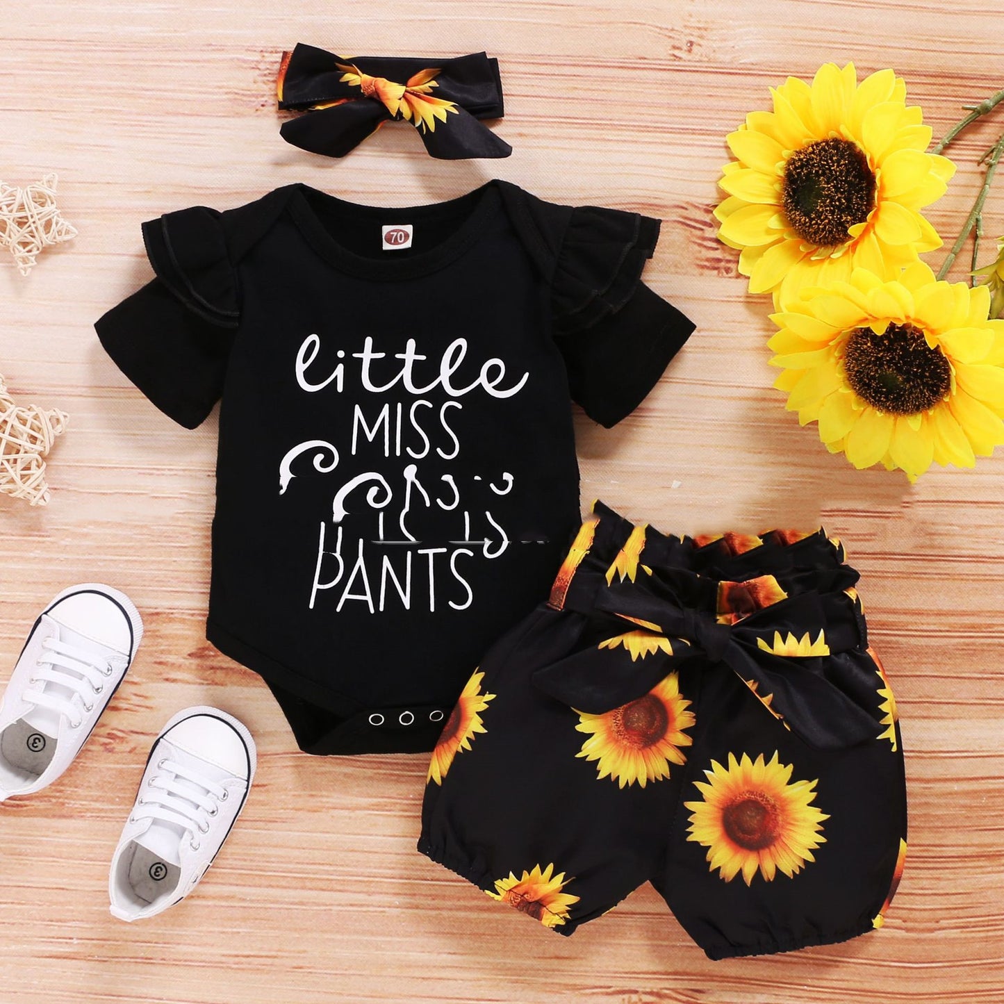 Baby Short-sleeved Letter Print Tops Shorts Hairband Three Pieces Set