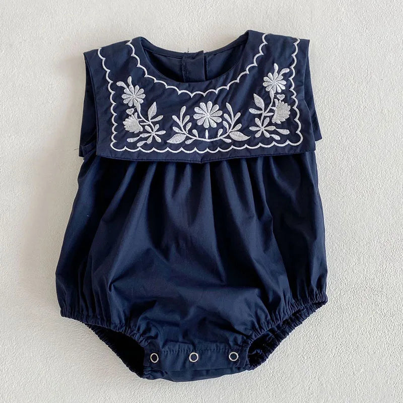 Baby Girls Jumpsuit Navy Collar Embroidery Cotton Newborn Bodysuits